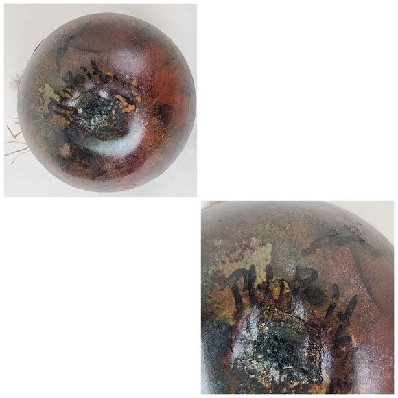 Hand Painted Gourd Bowl Handmade Art Feathers Agate Signed Brown Green - Picture 4 of 11